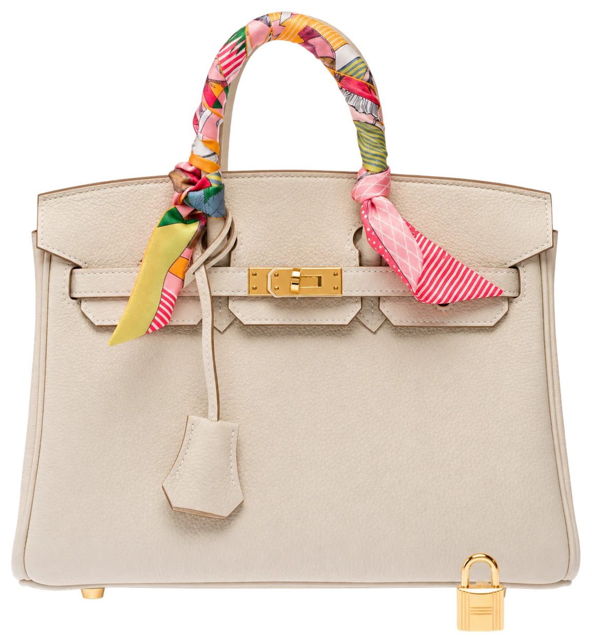 奶油色 Hermès Birkin 手提包，金色五金和彩色丝巾提手