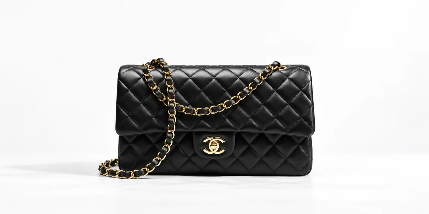 Generated editorial care theme: a black Chanel Classic Flap Medium with a gold double-C turnlock and leather-woven chain