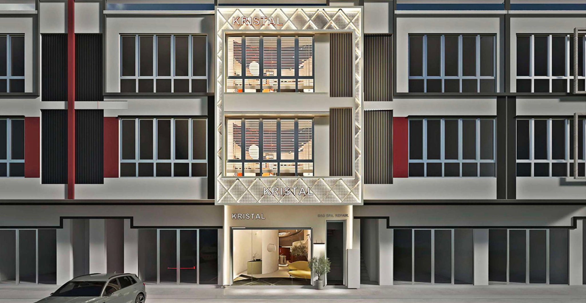 Business-provided view of Kristal’s latest storefront, showing the central building and KRISTAL signs