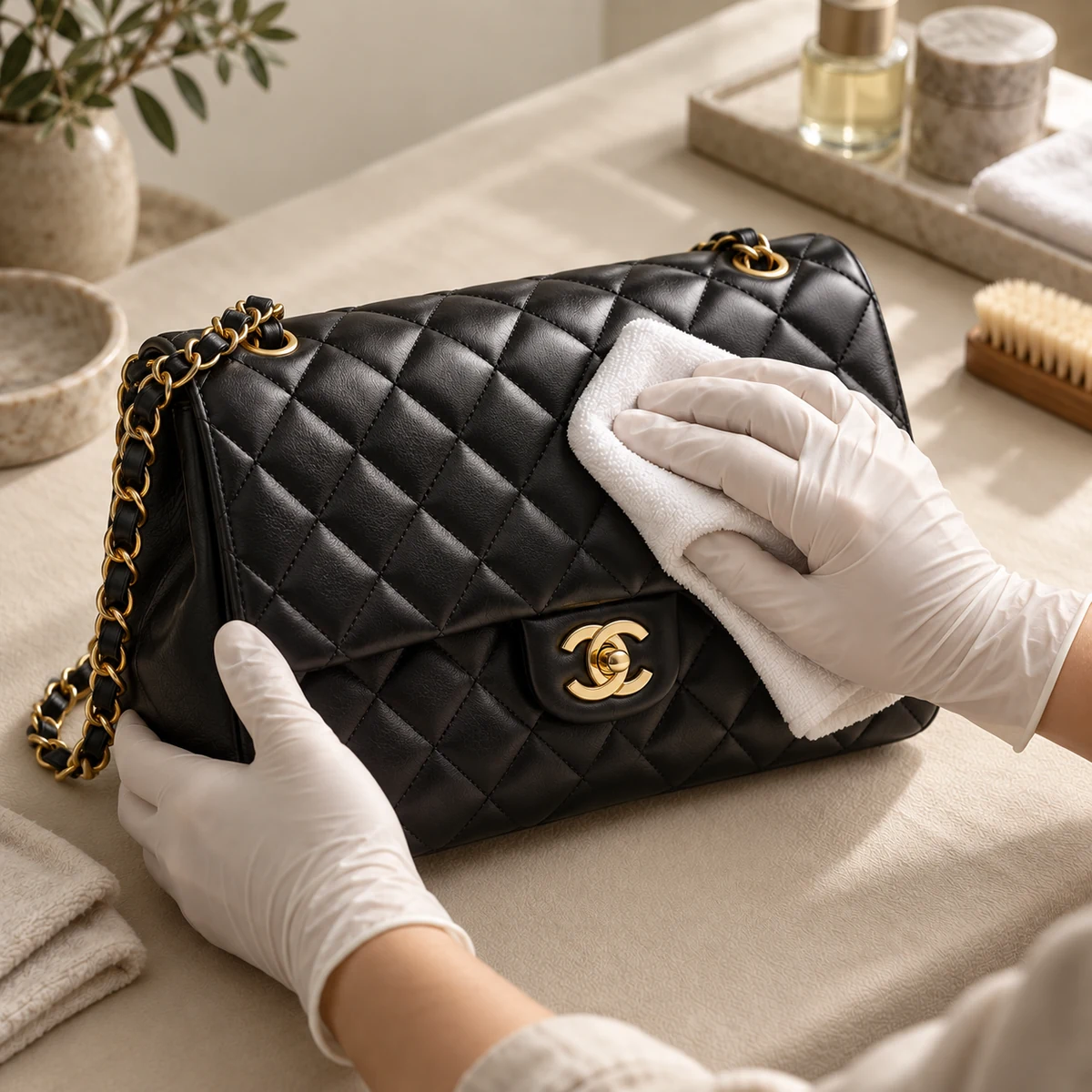 Generated cleaning and care illustration: gloved hands gently wiping a black Chanel Classic Flap Medium with a soft white cloth