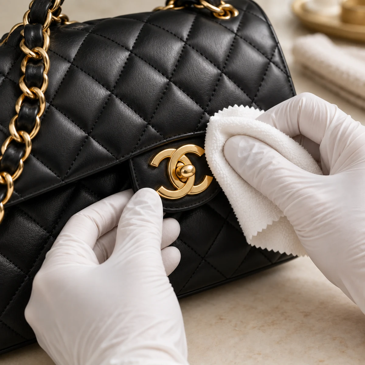 Generated hardware care illustration: gloved hands gently wiping the gold double-C fastening of a black Chanel Classic Flap Medium with a soft white cloth