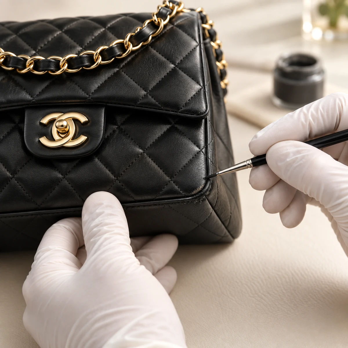 Generated leather repair illustration: gloved hands using a fine brush to touch up a lightly worn corner of a black Chanel Classic Flap Medium